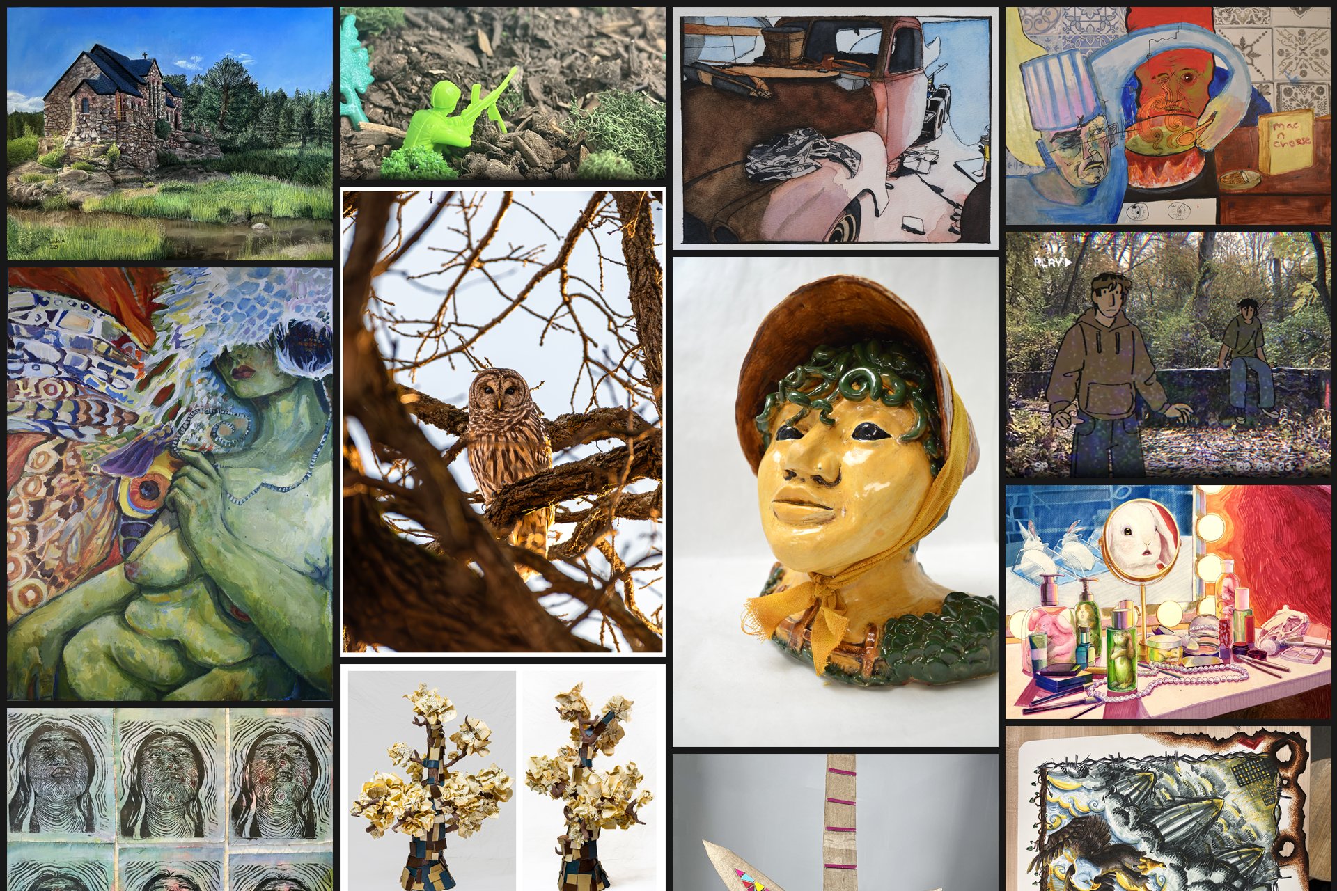 A collage of award-winning student artwork — painting, ceramics, drawing, and photography — by Iowa Scholastic Art & Writing Awards Gold Key recipients